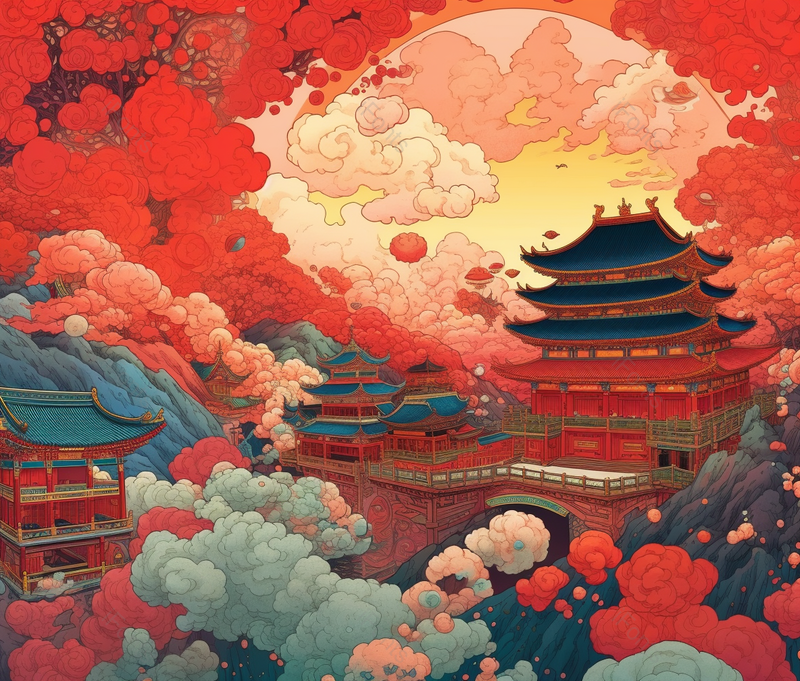 天宫祥云假山拱桥建筑宫殿古典祥云国潮风中国风传统文化节日插画,插画/手绘图,插画/手绘图库,插画/手绘图下载,插画/手绘